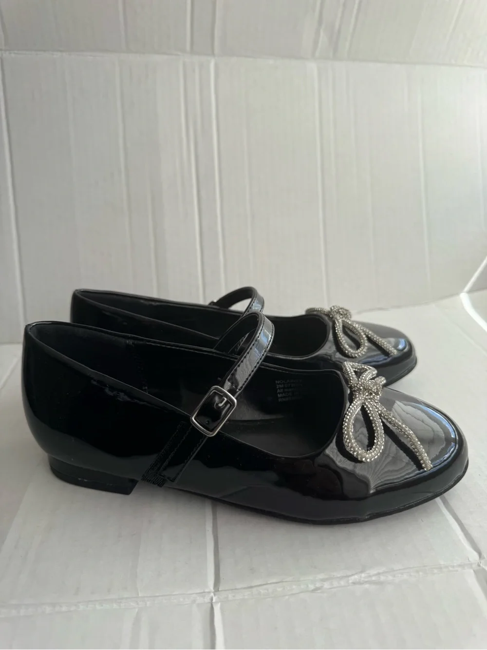 Nordstrom Black Patent Mary Jane Flats with Crystal Bow Accent
